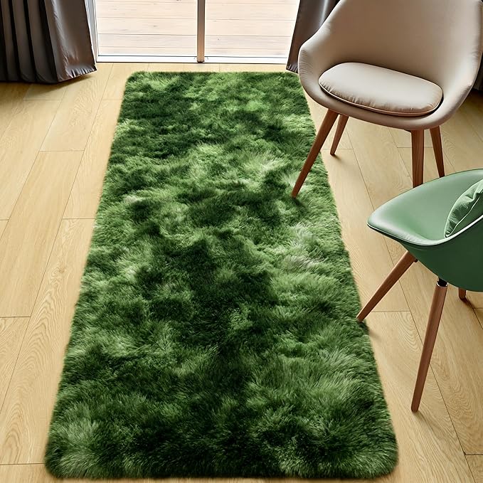 Tepook Soft Runner Rugs for Bedroom 2x6 with Rubber Backing, Tie-Dyed Dark Green Fluffy Rugs for Hallway, Shag Bedside Rug Fuzzy Plush Carpet for Living Room Dorm Nursery Indoor Home Decor