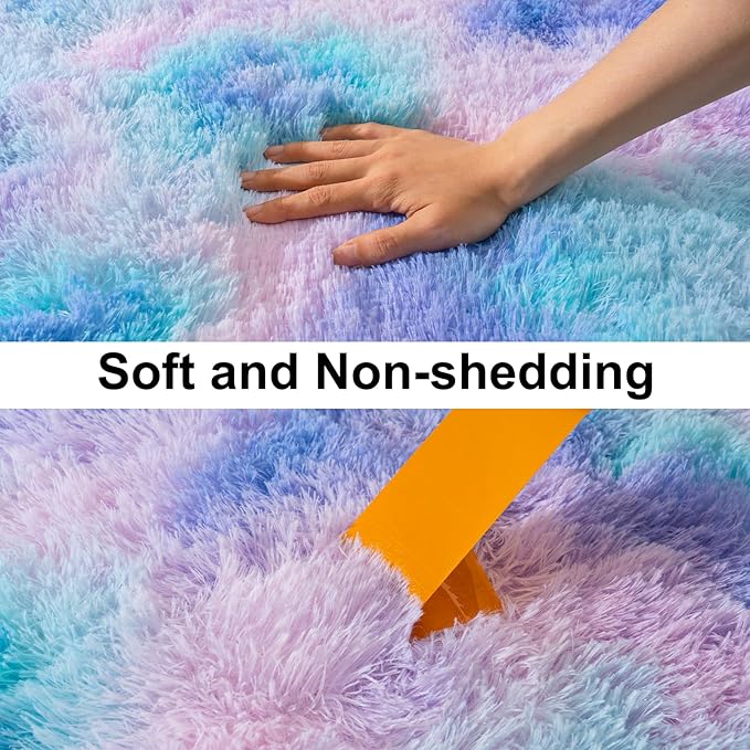 Soft Runner Rugs for Bedroom Hallways, 2x6 Purple Rainbow Fluffy Shag Throw Area Rug Non Slip for Bedside Dorm, Long Shaggy Furry Carpet for Nursery Living Room