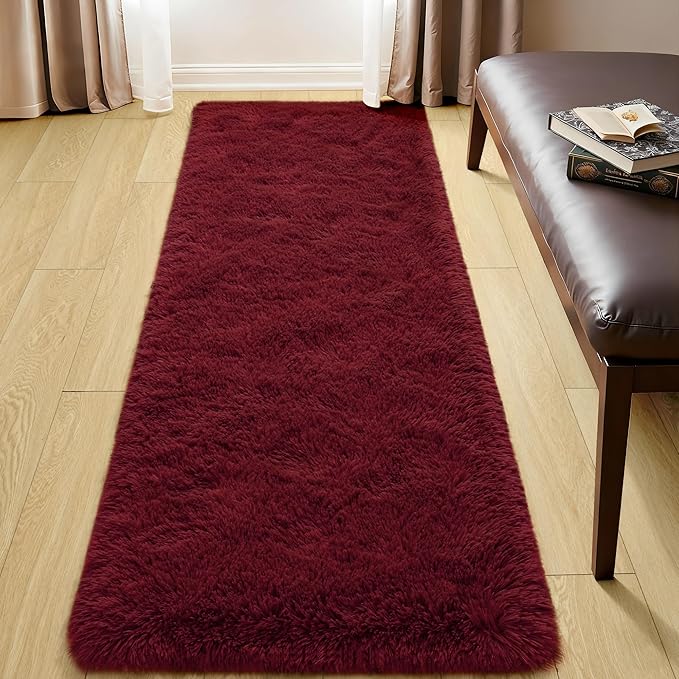 Tepook Soft Runner Rugs for Bedroom 2x6 with Rubber Backing, Burgundy Red Fluffy Rugs for Hallway, Shag Bedside Rug Fuzzy Plush Carpet for Living Room Dorm Nursery Indoor Home Decor