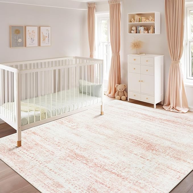 Srugn Washable Rugs 8x10 Area Rugs for Living Room,Rugs for Bedroom,Large Carpets,Ultra Soft Faux Wool Retro Dining Room Rug,Non Slip&Non-Shedding Low Pile Vintage Print Rug for Home Office-Pink White