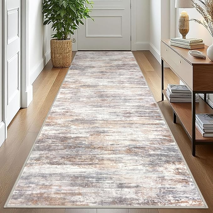 KOZYFLY 3x10 Ft Rug Modern Ombre Runner Rug for Hallway, Washable Kitchen Rugs Non-Slip Soft Striped Entryway Rug, Print Multi Grey/Orange Abstract Carpet for Laundry Nursery
