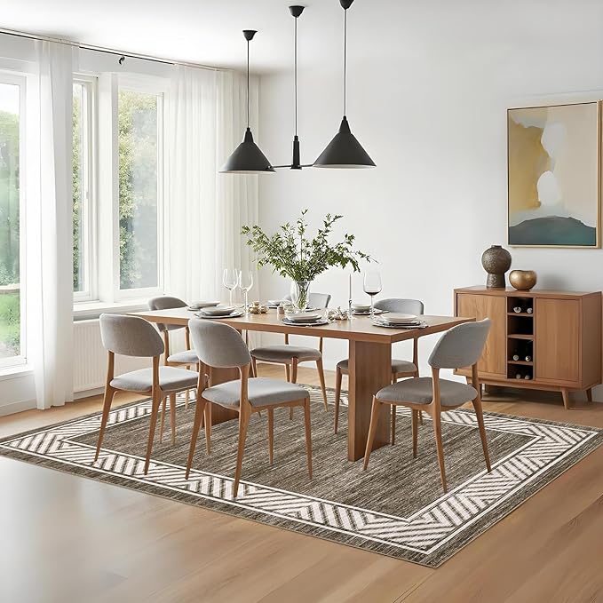 GarveeHome Bordered Bedroom Rugs 5x7 Ultra-Soft Indoor Carpet, Non-Slip Modern Geometric Living Room Rug, Stain-Resistant Neutral Accent Floor Cover for Dining Room, Nursery, Office, Brown