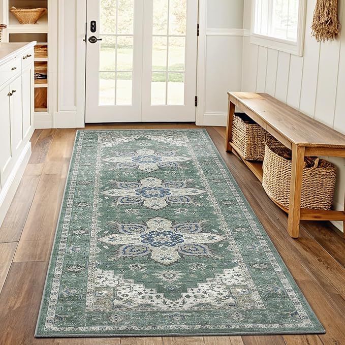 AMADA HOMEFURNISHING 2x5 Washable Runner Rug, Low-Profile Kitchen Rugs with Non-Slip Backing & Durable Edge Binding, Vintage Entryway Runner Rug for Bedroom & Hallway