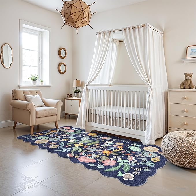 Washable 3x6 Hallway Runner Rug: Low-Pile Floral Scalloped Entryway Runners Non-Slip Stain Resistant Carpet for Kitchen Bathroom Laundry Room Soft Floor Mat for Living Room Bedroom Nursery(3x6/Purple)