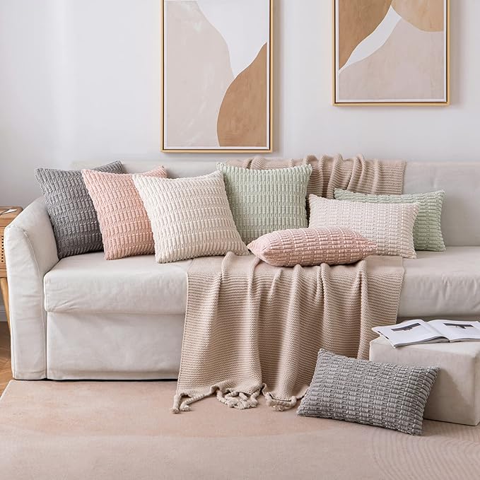 MIULEE Pack of 2 Corduroy Decorative Lumbar Throw Pillow Covers 22x14 Inch Soft Boho Striped Pillow Covers Modern Farmhouse Home Decor for Sofa Living Room Couch Bed Cream White
