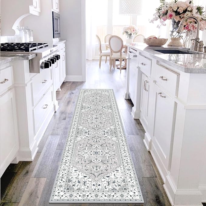 Yamaziot Washable Runner Rug, 2x8 Non-Slip Boho Vintage Hallway Rug with Rubber Backing, Low Pile Faux Wool Distressed Carpet Runner for Bedroom, Kitchen, Laundry, Entrance