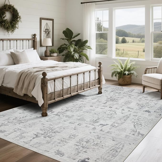 Washable Rugs 8x10 Area Rugs for Living Room,Bedroom,Dining Room- Large Ultra Soft Faux Wool Retro Carpet,Non Slip&Non-Shedding Low Pile Vintage Rug for Home Office Dorm Playroom-Tree Gray
