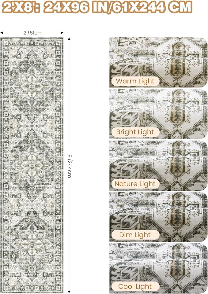 Runner Rug 2x8 Runners for Hallways Non Slip Washable, Vintage Hallway Runner Rugs for Living Room, Low Pile Soft Hallway Rug for Kitchen Bedroom Laundry Room Rug(Grey/Beige,2'x8')