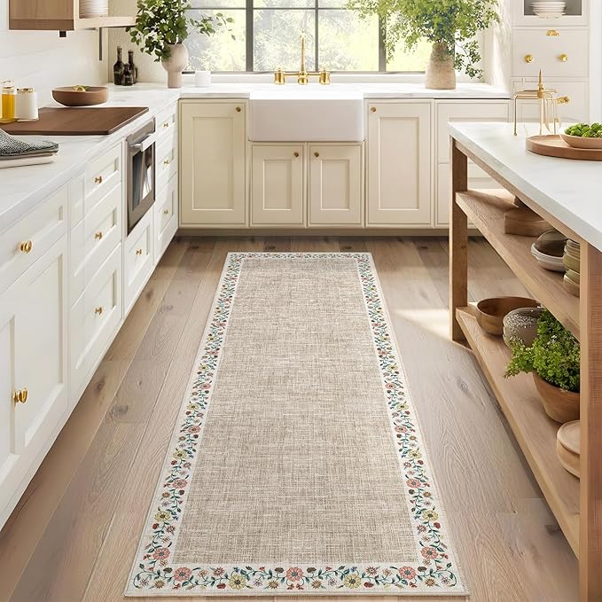 GarveeHome Entryway Rug 2x6 Modern Bordered Runner Rug Washable Kitchen Runners for Hallway Non-Slip Low-Pile Soft Carpet Floral Print Bathroom Mat for Bedroom Laundry Room, Light Camel