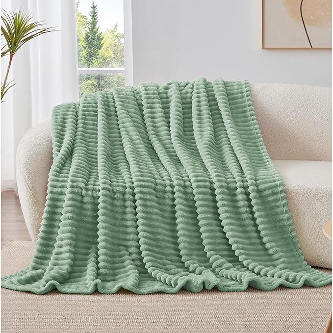 BEDELITE Fleece Throw Blanket for Couch - 300GSM Soft & Warm Fluffy Green Blanket, Decorative and Giftable Striped Blankets for Women, Men, 50"x70"