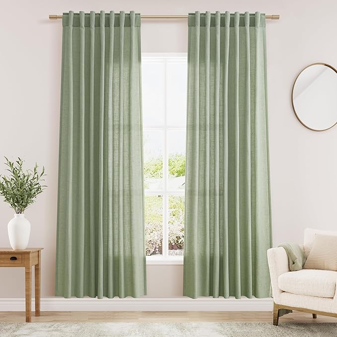 Sheer Light Sage Linen Curtains 72 Inch Length for Living Room Lightweight Door Drapes 2 Panels Set for Kids Bedroom Light Filtering Back Tab Rod Pocket Curtain for Kitchen Protect Privacy 52x72.