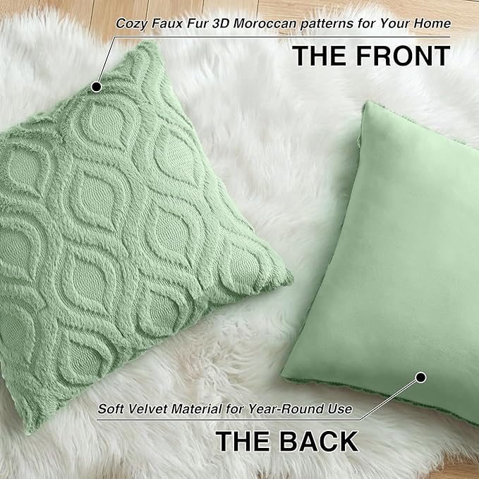 decorUhome Throw Pillow Covers 26x26 Inch Set of 2, Soft Plush Faux Wool Sage Green Solid Couch Pillow Covers, Accent Euro Sham Farmhouse Neutral Square Pillow Cases for Sofa Bed Living Room