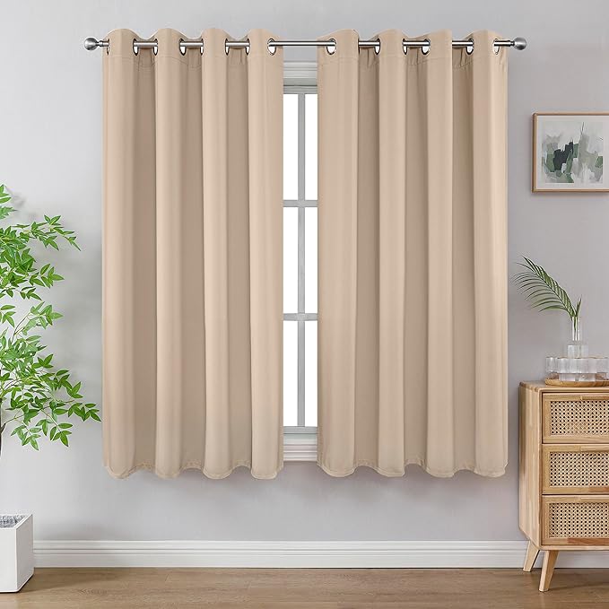 Joydeco Blackout Curtains 54 Inch Length 2 Panels Set, Thermal Insulated Long Curtains& Drapes 2 Burg, Room Darkening Grommet Drapes for Living Room Bedroom Window (W52 x L54 Inch, Light Beige)