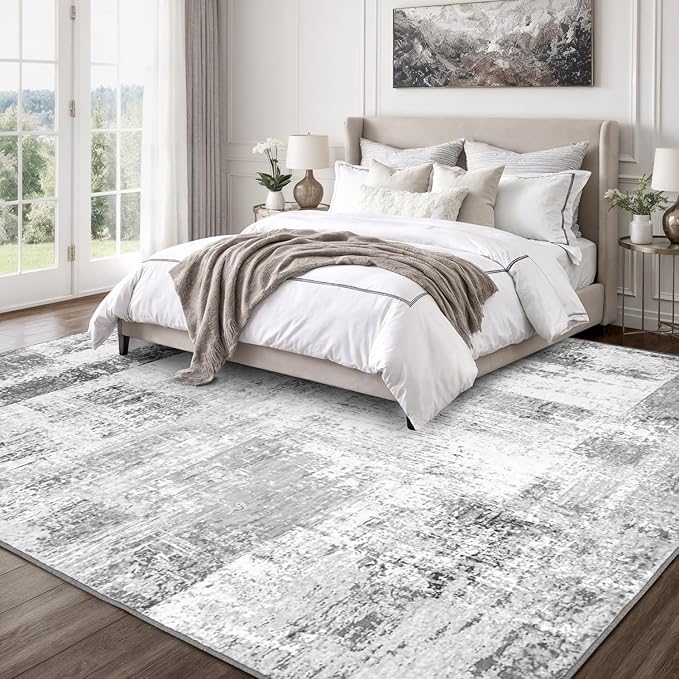 Rugflix 6x9 Large Area Rugs for Living Room, Abstract Washable Rug, Non-Slip, Stain Resistant, Soft Low Pile Carpet, Indoor Grey Rug for Bedroom, Dining Room, Home Office