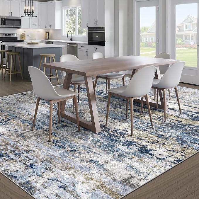 pmtsns Area Rugs 9x12 for Living Room: Washable Rug Modern Abstract Neutral Soft Non-Slip Low-Pile Indoor Large Carpet for Bedroom Dining Room Playroom Home Office (Blue Grey Brown, 9'x12')