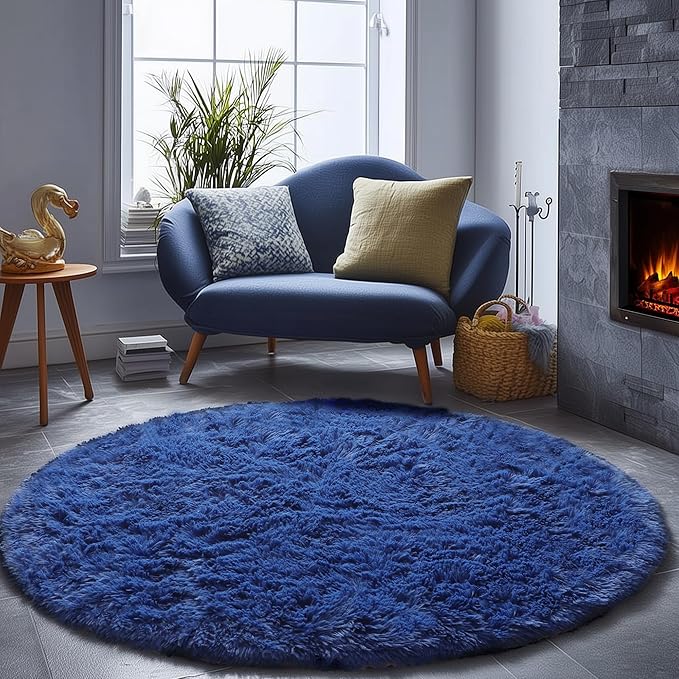 ONASAR Navy Blue Round Area Rugs 5ft, Soft Bedroom Circle Rug Floor Mat for Kids Girls Boys Teen Room, Fluffy Plush Shaggy Carpet for Baby Nursery Living Room Playroom Dorm Home Decor
