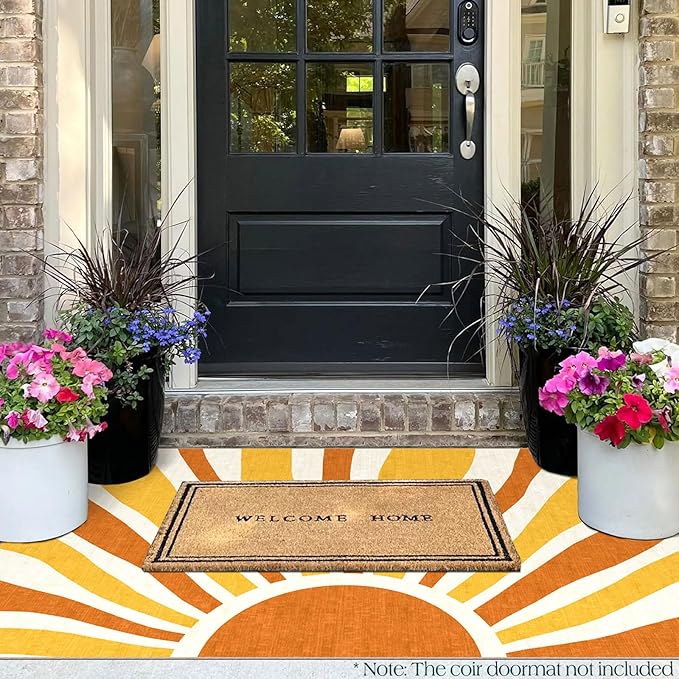 3x5 Boho Entry Rug - Small Washable Indoor Outdoor Mats for Front Door Non-Slip Porch Rug Orange Modern Retro Sun Throw Rugs for Living Room Bedroom Entryway Kitchen Office Porch Decor