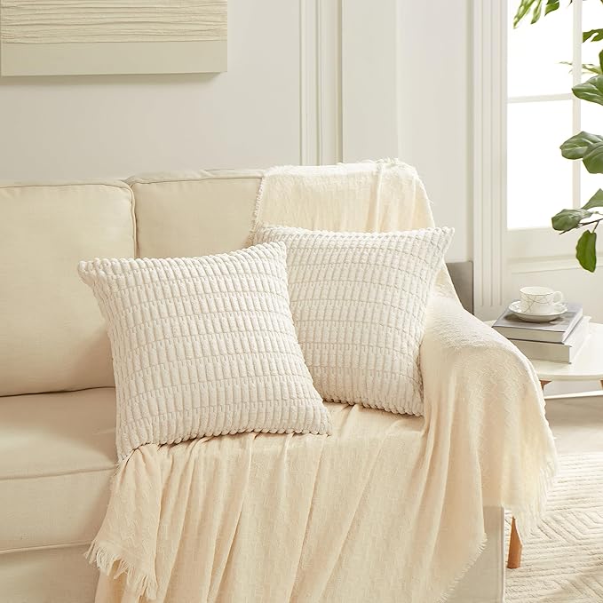 Fancy Homi 4 Packs Neutral Small Decorative Throw Pillow Covers 12x12 Inch for Living Room Couch Bed Sofa, Rustic Farmhouse Boho Home Decor, Soft Plush Striped Corduroy Square Cushion Case 30x30 cm