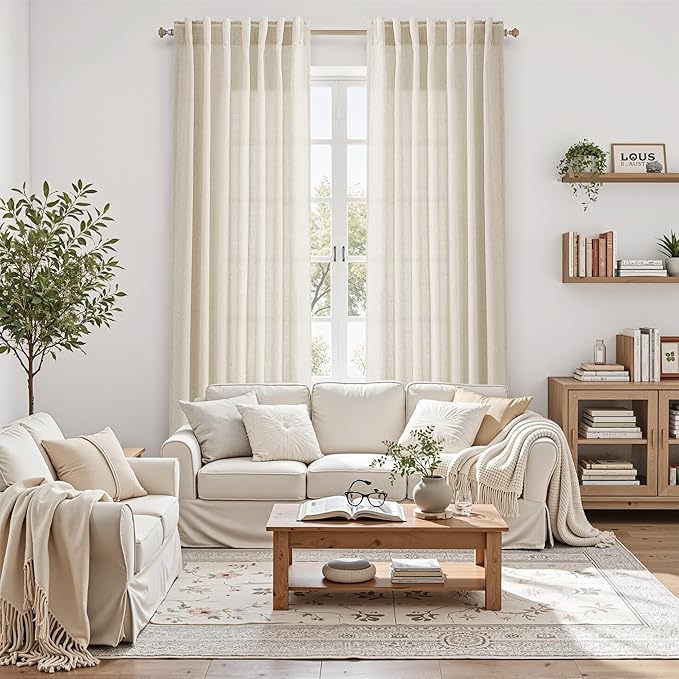 Nanspring Birch Beige Linen Curtains 84 Inches Long for Living Room Light Filtering Semi Sheer Curtain Back Tab Modern Farmhouse Decor Elegant Luxury Coastal Drapes for Bedroom Office 52x84,2 Panels