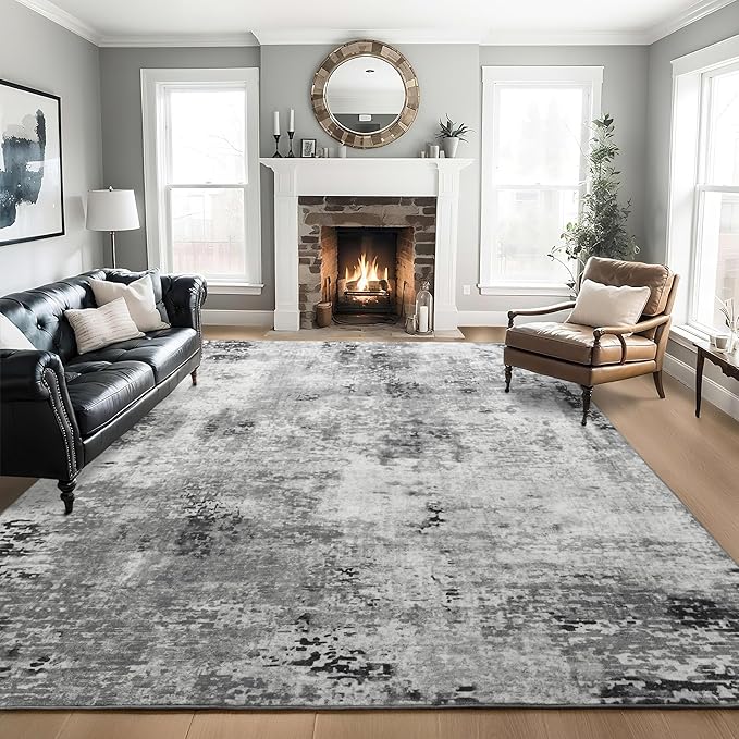 Living Room Rug 7x10 Gray Area Rugs Machine Washable Abstract Boho Large Rug Non-Slip Non-Shedding Faux Wool Indoor Vintage Carpet for Bedroom, Classroom, Dining Room, Kids Playroom