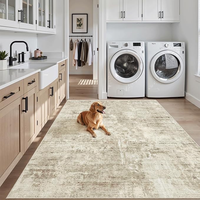 3x5 Rug, Small Area Rug for Kitchen, Entryway, Machine Washable Non-Slip Throw Rug, Vintage Carpet for Nursery Coffee Table Beige/Gray