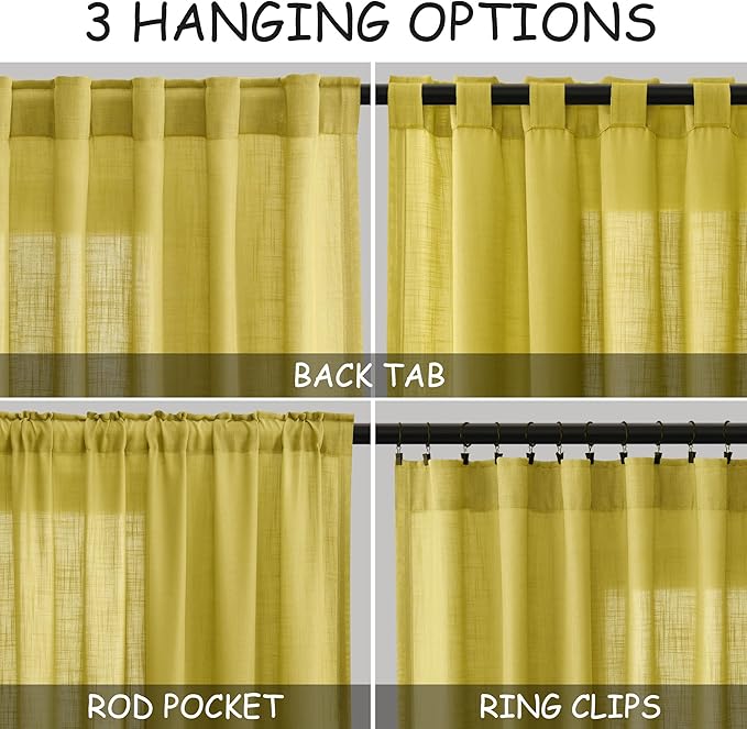 Nanspring Celery Yellow Linen Curtains 90 Inches Long 2 Panel Set Back Tab Rod Pocket Light Weight Semi Sheer Neutral Farmhouse Decor for Living Room and Bedroom 52x90
