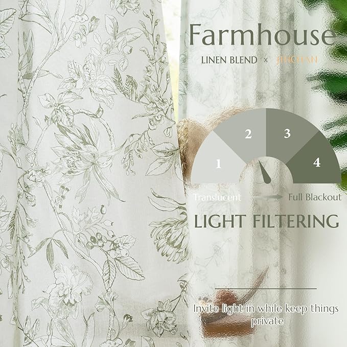 jinchan Floral Curtains 108 Inch Length Sage Green Flower Linen Farmhouse Curtain for Living Room French Country Vintage Curtain Rod Pocket Curtains Set 2 Panels Floral Printed