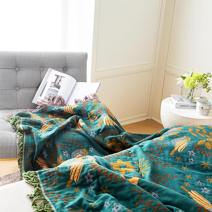 MSGKV Boho Throw Blanket 50"x60" Cotton Blanket for Couch and Sofa Cover for Living Room Spring Throw Decorative Woven Bird Blankets