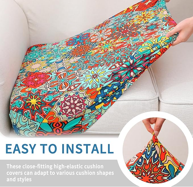 hyha Printed Couch Cushion Covers, Floral Sofa Covers Washable for 3 Cushion Couch, Stretch Pattern Outdoor Cushion Covers for Patio Furniture with Elastic Bottom(3 Packs, Diamond Mandala)