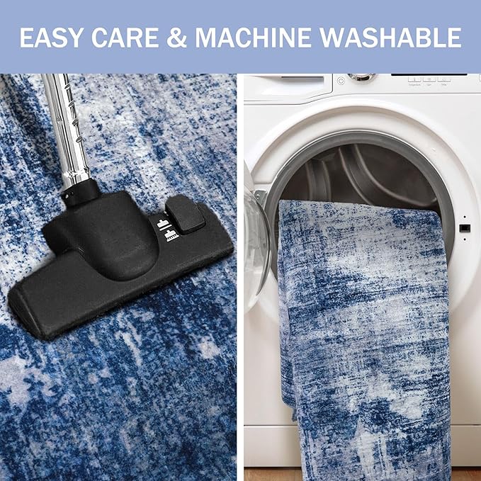 IOHOUZE Abstract Runner Rug 2x7 Ft Washable Runners for Hallways, Non Slip Kitchen Runner Printed Faux Wool Entryway Runners Indoor, Modern Abstract Floor Carpet for Hall Kitchen Bedroom, Navy/Grey