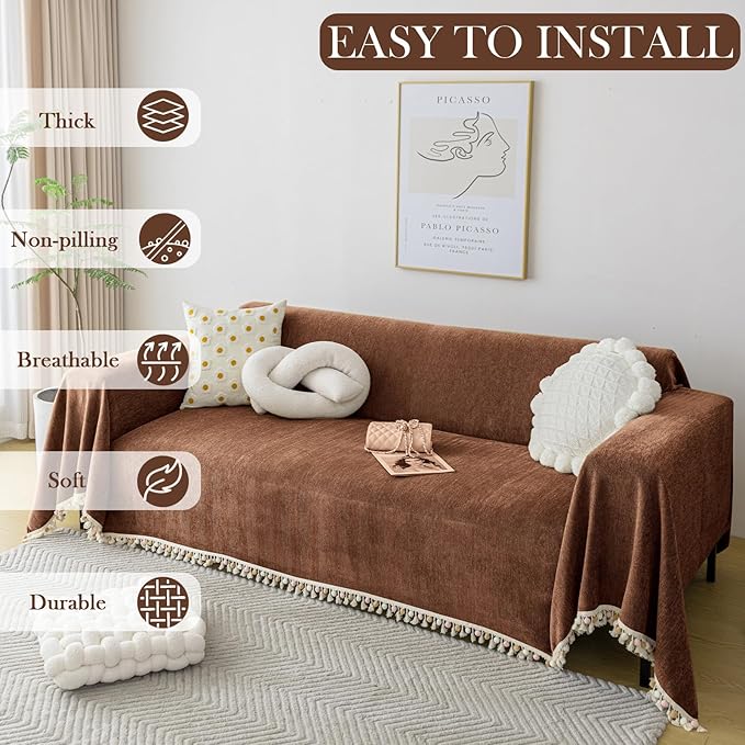 HANDONTIME Boho Style Sofa Cover with Tassels, Washable & Non-Slip Couch Cover for 3 Cushion Sofa, Herringbone Pattern Pet-Friendly Sofa Slipcover, Chocolate Color, 91"x118", Living Room Decor