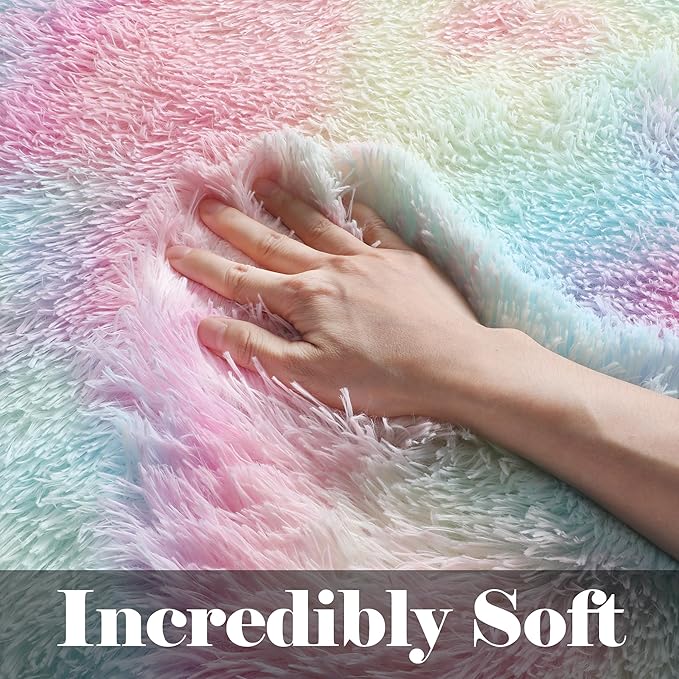 ONASAR Rainbow Area Rugs for Girls Bedroom, 4x6 Fluffy Bedside Colorful Rug, Cute Soft Plush Shaggy Princess Fuzzy Indoor Floor Carpet for Nursery Kids Baby Teen Dorm Playroom Home Decor Aesthetic
