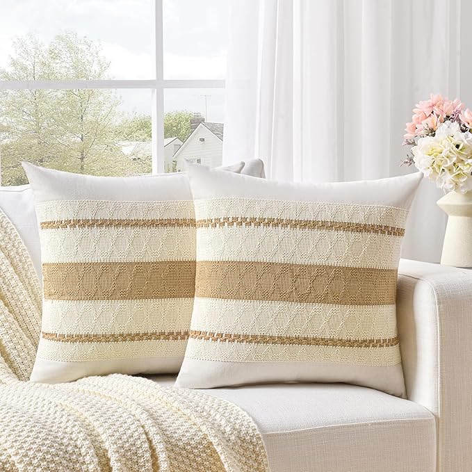 Fancy Homi Set of 1 Tan Neutral Decorative Throw Pillow Cover 18x18 Inch for Couch Bed Sofa, Aesthetic Modern Organic Farmhouse Boho Home Decor, Soft Cotton Cute Accent Macrame Taupe Cushion Case