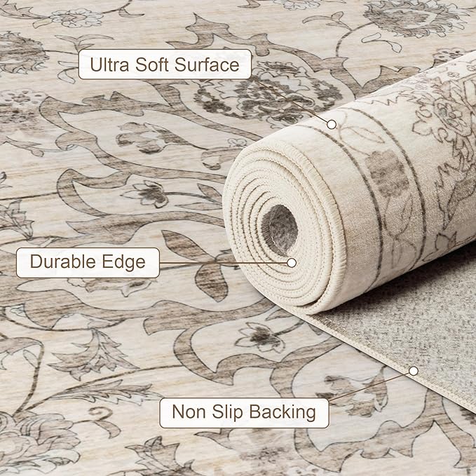 8x10 Area Rugs for Living Room: Washable Rug Soft Vintage Distressed Floral Carpet Indoor Floor Non-Slip Stain Resistant Large Carpets for Bedroom Dining Room Farmhouse Nursery Home Office Brown Beige