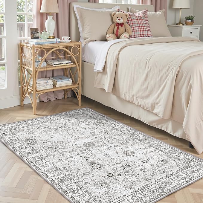 Floral Machine Washable Rug Grey White, 3x5 Rug Non Slip Soft Bedroom Rugs for Entryway Dorm, Ultra-Thin Rugs for Bedroom Stain Resistan(3 x 5, Grey White)