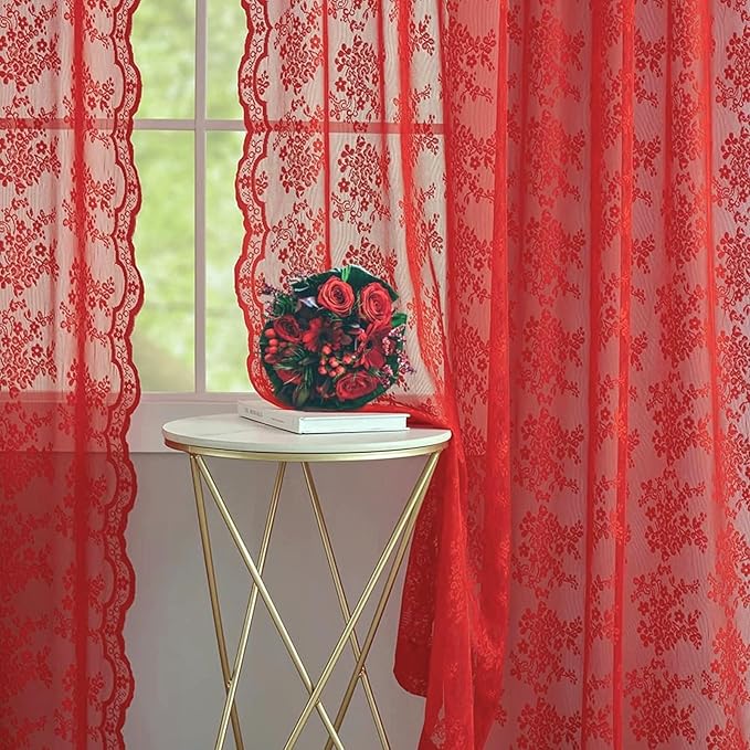 YJ YANJUN Vintage Lace Curtains 72 Inch Length 2 Panels for Bedroom-Victorian Floral Red Christmas Living Room Curtains with Scalloped Edges Farmhouse Embroidery Rod Pocket Privacy Christmas Decor