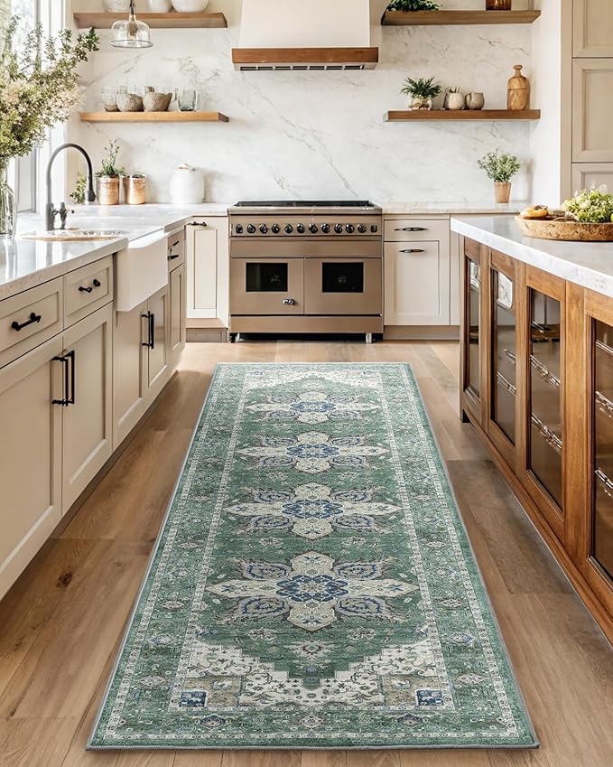AMADA HOMEFURNISHING 2'6"x8' Washable Area Rug, Low-Profile Entryway Rug with Non-Slip Backing & Durable Edge Binding, Vintage Rug Pattern, Small Rugs for Entryway, Kitchen & Living Room
