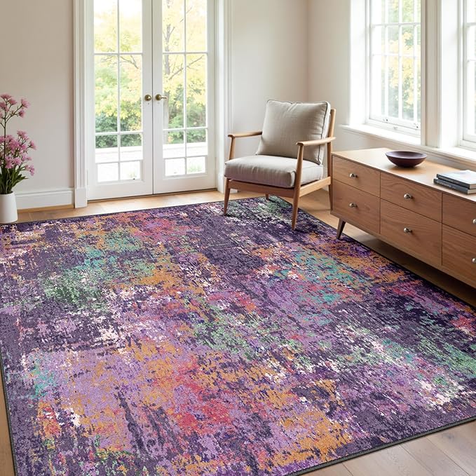 Washable Area Rugs 5'x8' Non-Slip Modern Abstract Soft for Living Room Entryway Bedroom Nursery, Print Pattern, Purple Orange Blue Green Rust Red Colorful