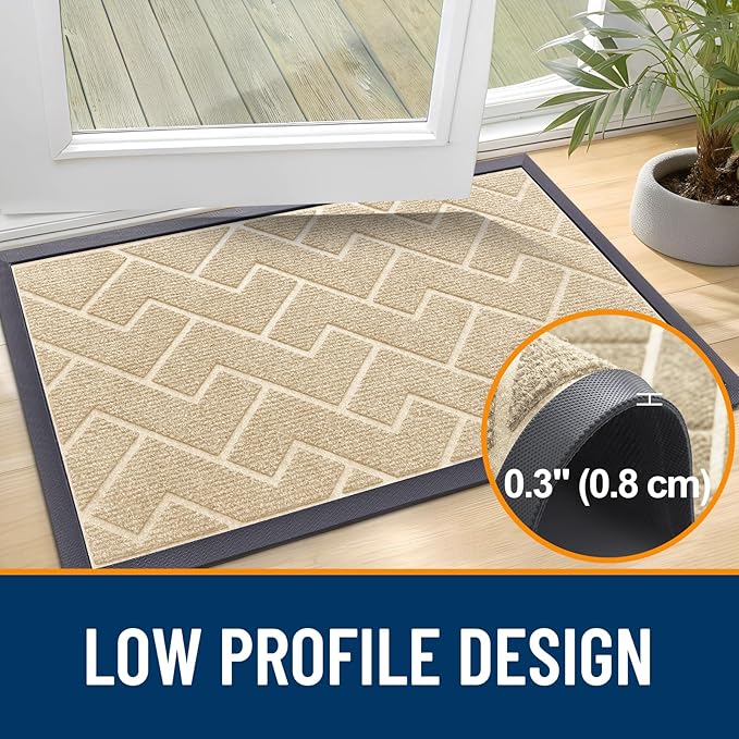 OLANLY Front Door Mat Indoor Outdoor Entrance, Waterproof All-Season, All-Weather Doormat, Sturdy Natural Rubber, Low Profile, Easy Clean Patio Porch Entryway Mat, Herringbone Brick (Beige, 47x23)
