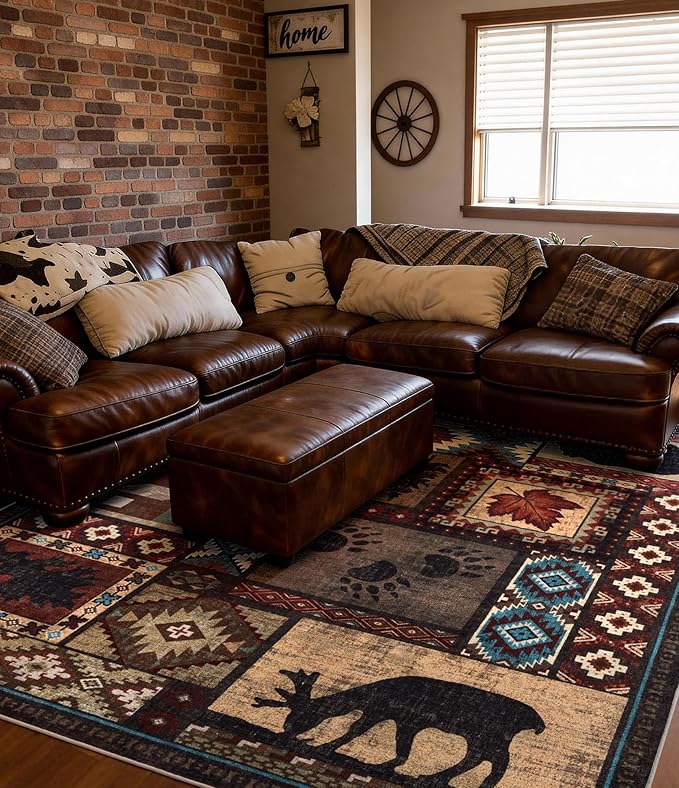 YIHOUSE Rustic Cabin Area Rug 6x9,Machine Washable Lodge Bear Rug,Non-Slip Low Pile Print Pattern Southwestern Rug for Living Room Bedroom