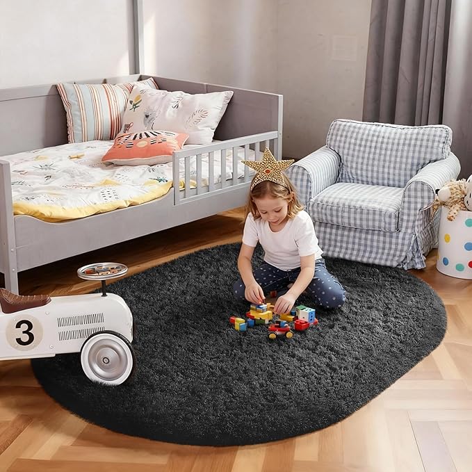 Ophanie 3x5 Oval Black Rugs for College Dorm, Bedroom Small Area Rug, Non-Slip Fluffy Shaggy Bedside Soft Shag Fuzzy Plush Carpet for Kids Boys Teen Home Decor Aesthetic, Nursery