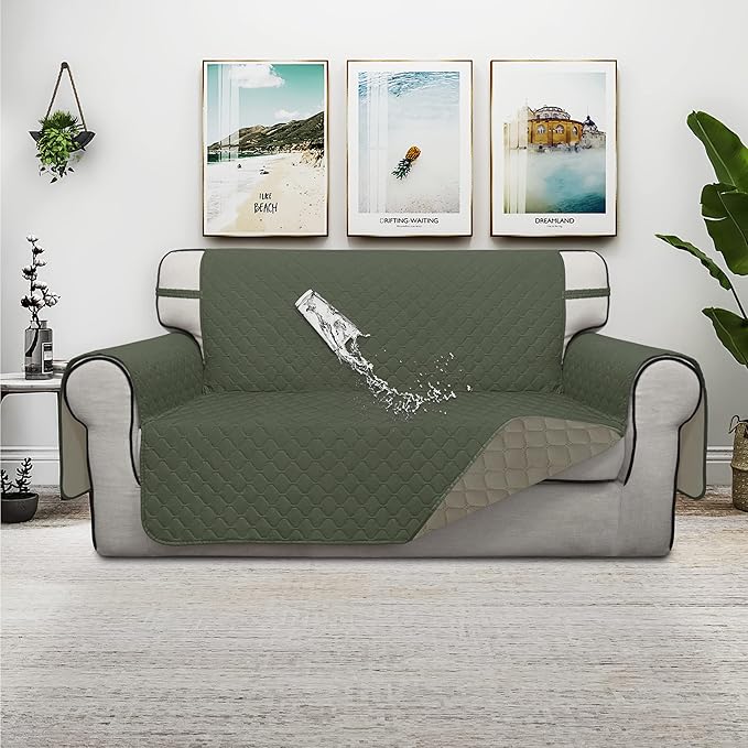 ISSUNTEX Double Protection 100% Waterproof Loveseat Sofa Covers for Living Room, Couch Covers for 2 Cushion Couch, Reversible Furniture Protector Sofa Cover for Dogs (Loveseat, Greyish Green/Beige)