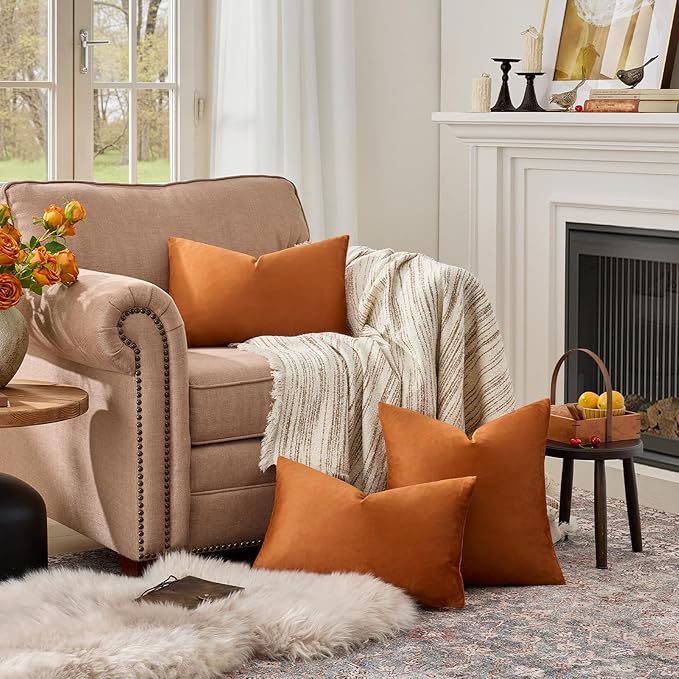 GIGIZAZA 12x20 Dark Burnt Orange Pillow Covers Velvet Lumbar Pillow Decorative Throw Pillows Couch Sofa Covers Bedroom Set of 2