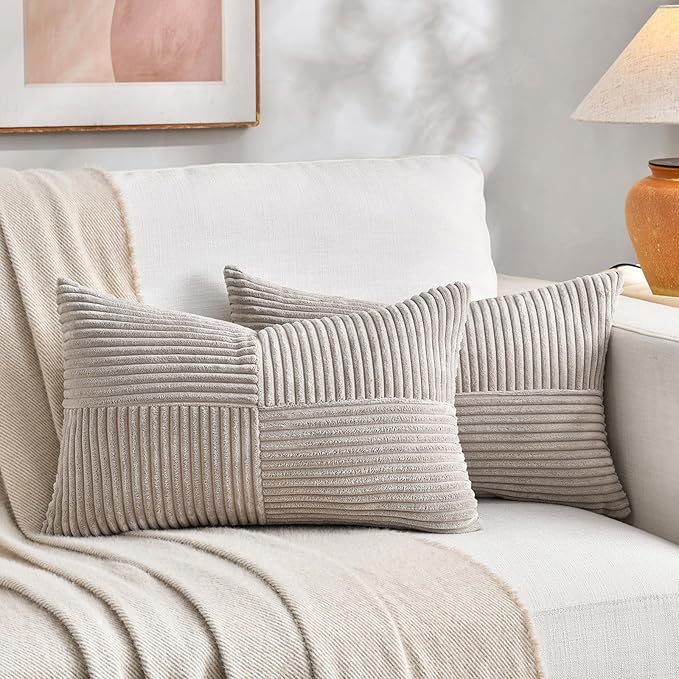 Fancy Homi 2 Packs Neutral Taupe Lumbar Decorative Throw Pillow Covers 16x26 Inch for Living Room Couch Bed Sofa, Farmhouse Home Decor, Soft Striped Corduroy Rectangle Accent Cushion Case 65x40 cm