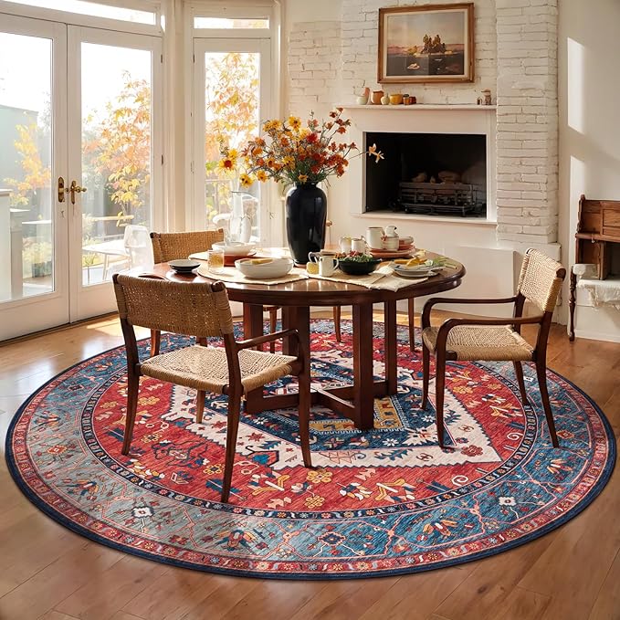 SERISSA Boho Round Area Rug, 8ft Washable Non-Slip Circle Rug, Ultra Soft Large Oriental Vintage Rust Low-Pile Circular Carpet for Living Room Bedroom Dining Room Kids Room Office College Dorm