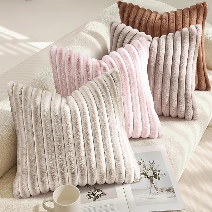 decorUhome Cozy Faux Fur Throw Pillow Covers 16x16 Set of 2 Decorative Soft Plush Striped Modern Farmhouse Boho Couch Pillow Cases with Velvet Back for Sofa Bed Living Room, Brown