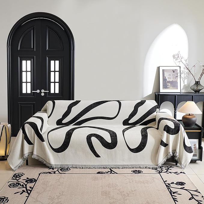 MYSKY HOME Couch Cover for 3 Cushion Couch Sofa Cover, Super Soft Boho Couch Covers for Dogs Washable, Jacquard Sofa Slipcover Furniture Protector for Living Room, 91" x 118", Black Curve