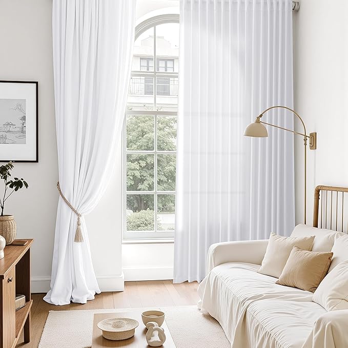 Snow White Linen 120 Inch Curtains for Living Room Light Filtering Semi Sheer Curtain Back Tab Luxury Neutral Coastal Modern Farmhouse Decor Floor to Ceiling High Window for Bedroom 52x120,2 Panels