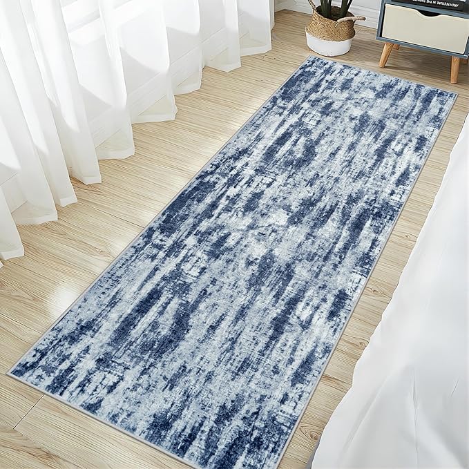 2'6''x8' Runner Rugs Washable Rug: Modern Abstract Living Room Rug Soft Anti-Skid Thin Carpet Indoor Floor Non-Shedding Carpets for Bedroom Dining Room Farmhouse Nursery Home Office Blue Grey