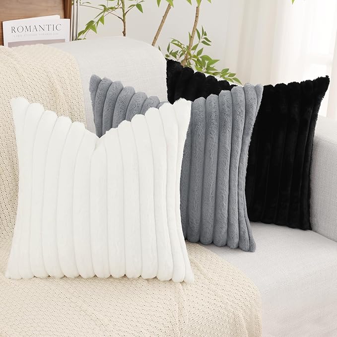 decorUhome Summer Cozy Faux Fur Throw Pillow Covers 16x16 Set of 2 Decorative Soft Plush Striped Modern Farmhouse Boho Couch Pillow Cases with Velvet Back for Sofa Bed Living Room, White